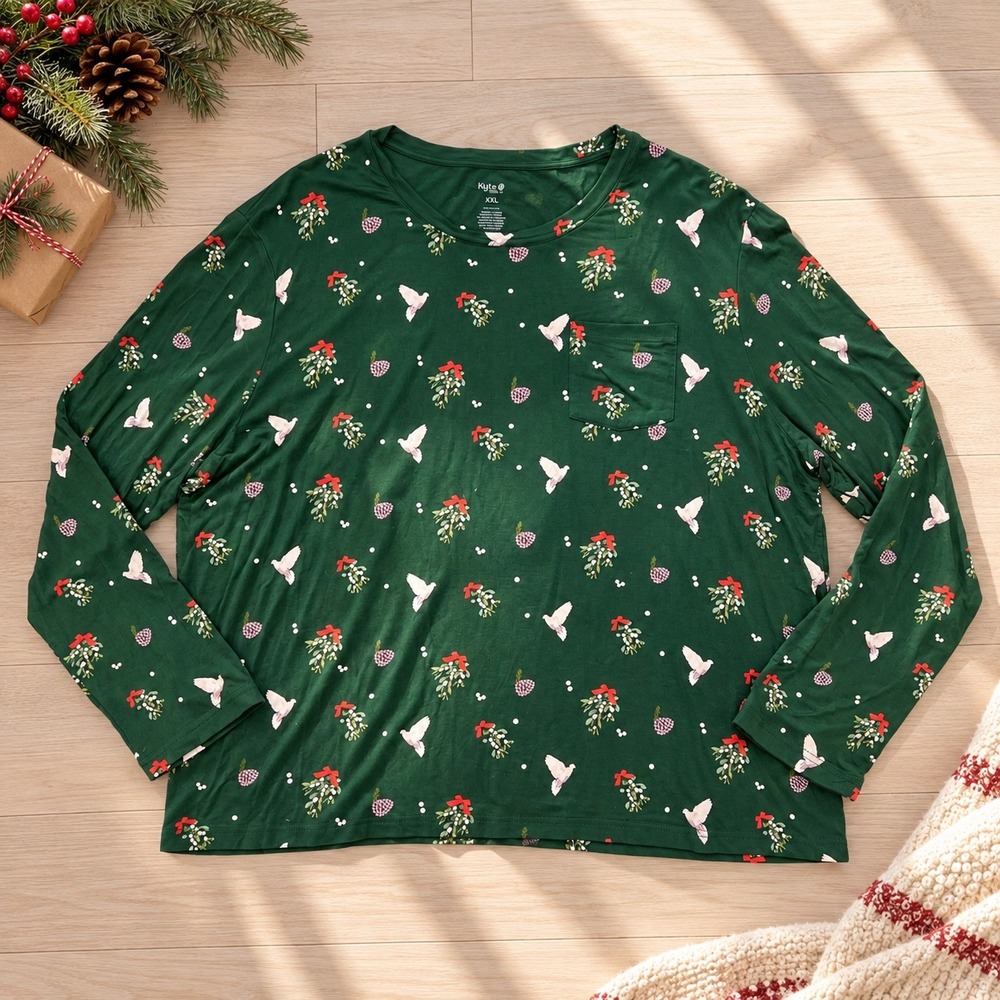 Kyte Baby Mistletoe Bamboo Pajama Top XXL Forest Green Christmas Holiday Dove